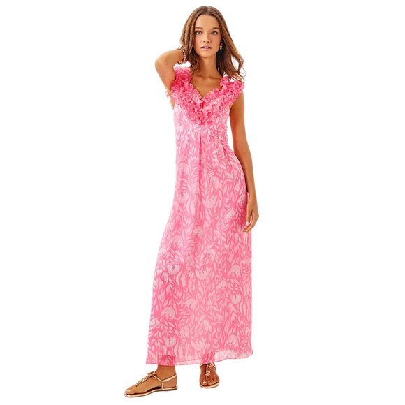 Lilly Pulitzer Amber Ruffled Maxi Dress in Rousseau Pink NWT - Size 6 - Picture 1 of 8